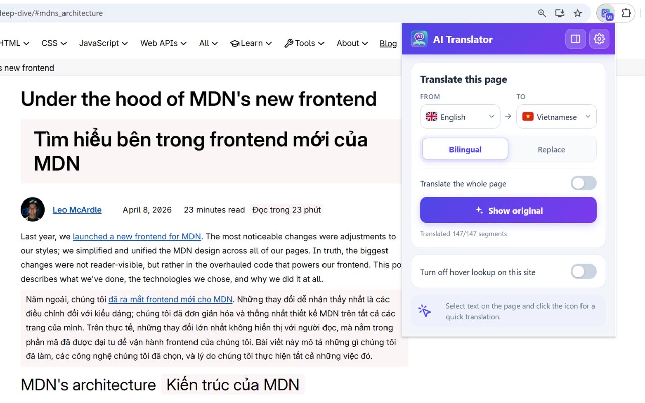 AI Translator translating an MDN article bilingually, with the popup reporting all 147 segments translated