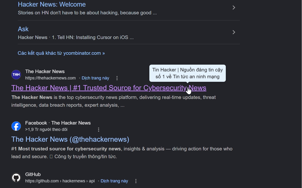 Hover translate demo showing instant tooltip translation of a Google search result