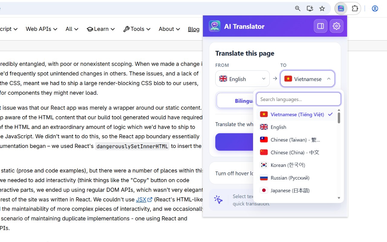 Popup with the From and To pickers open, showing the searchable language list with flags