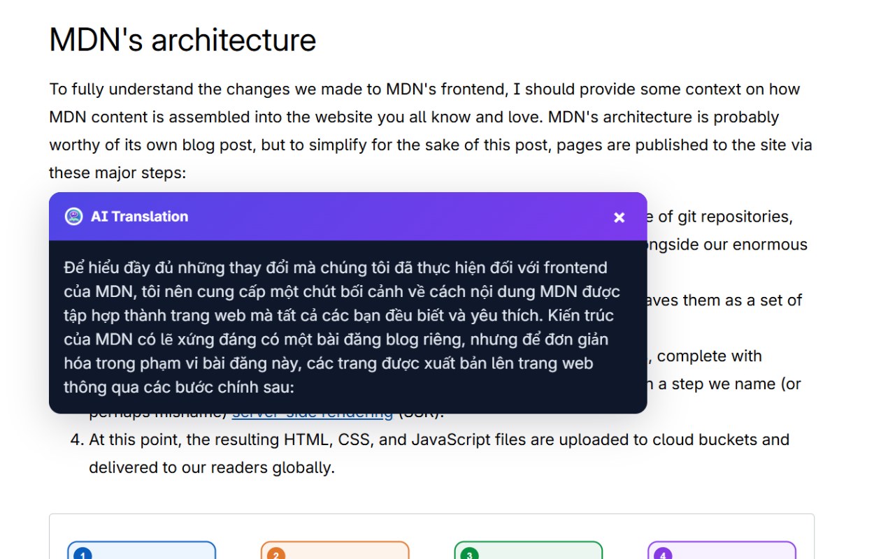 Select translate popup showing a Vietnamese translation of a selected MDN paragraph